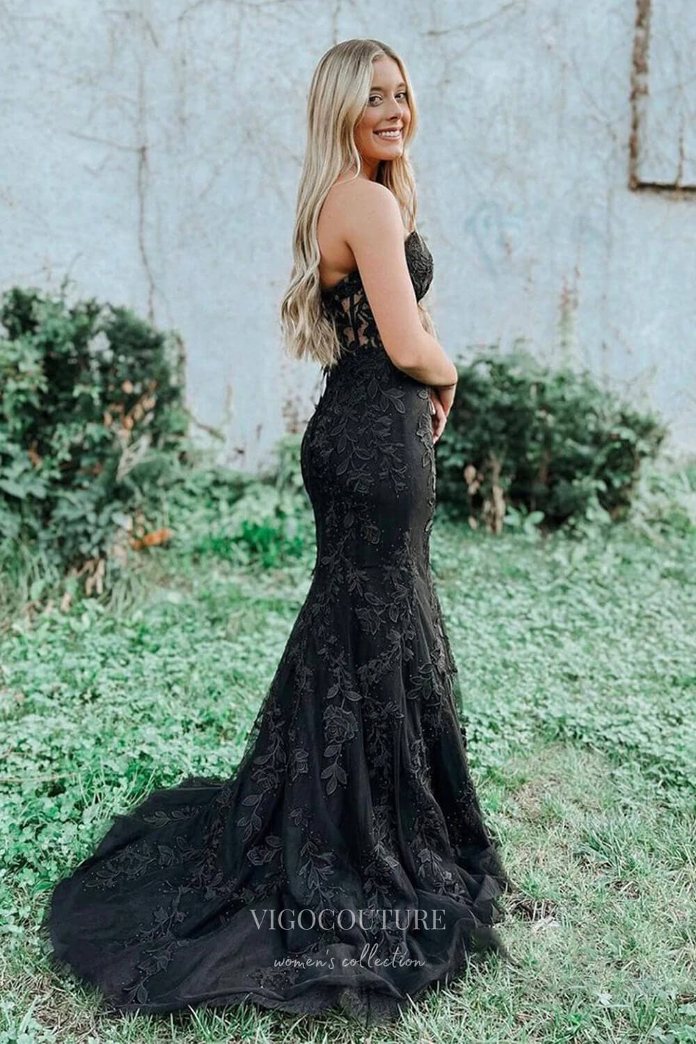 Strapless Lace Applique Prom Dresses with Corset Back Mermaid Evening Dress 22168-Prom Dresses-vigocouture-Red-US2-vigocouture