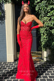 Strapless Lace Applique Prom Dresses with Corset Back Mermaid Evening Dress 22168-Prom Dresses-vigocouture-Red-US2-vigocouture