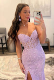 Strapless Lace Applique Prom Dresses with Slit Mermaid Sweetheart Neck Evening Dress 22170-Prom Dresses-vigocouture-Lavender-US2-vigocouture