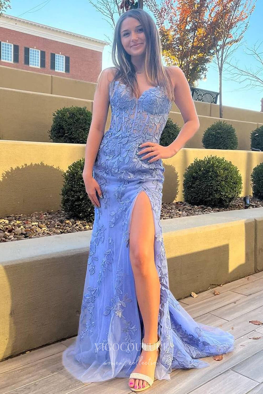 Strapless Lace Applique Prom Dresses with Slit Mermaid Sweetheart Neck Evening Dress 22170-Prom Dresses-vigocouture-Blue-US2-vigocouture