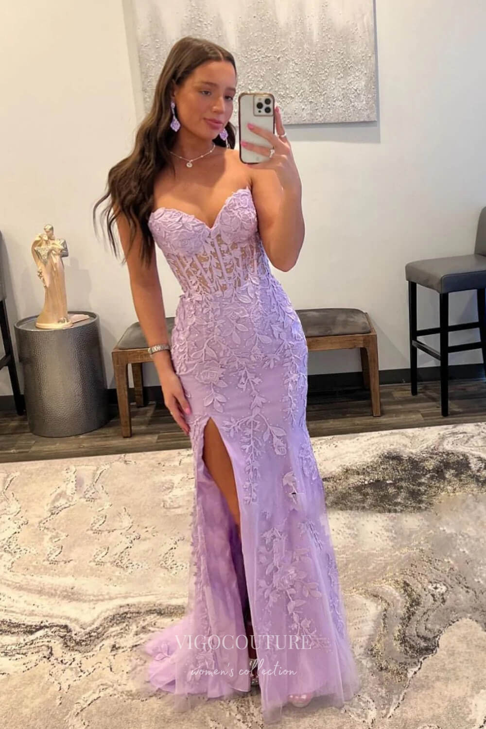 Strapless Lace Applique Prom Dresses with Slit Mermaid Sweetheart Neck Evening Dress 22170-Prom Dresses-vigocouture-Lavender-US2-vigocouture