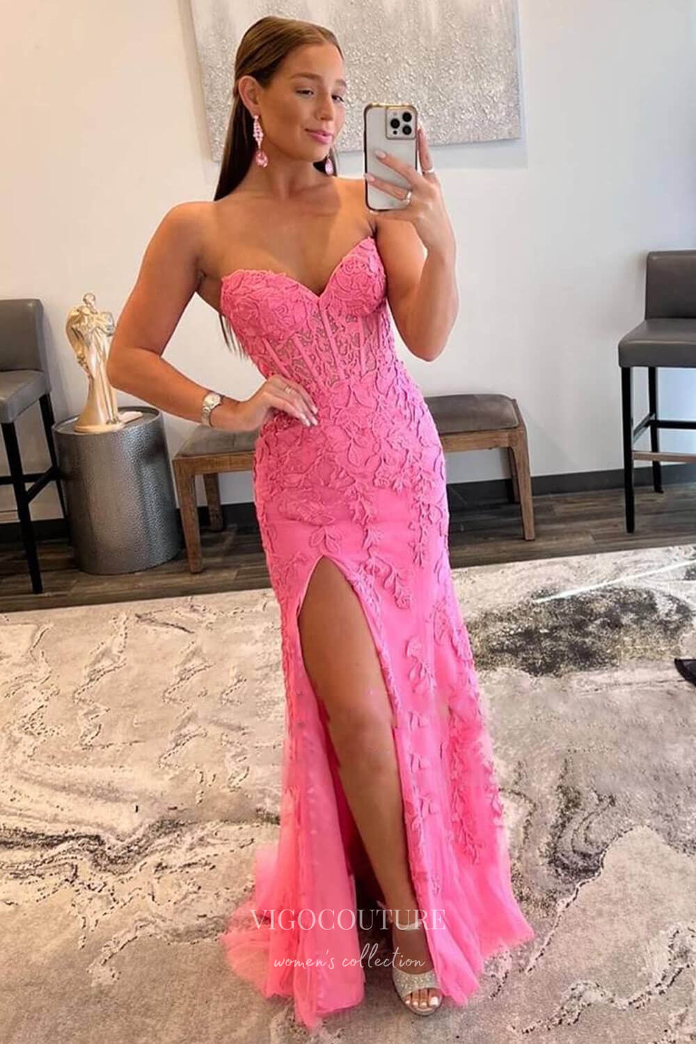 Strapless Lace Applique Prom Dresses with Slit Mermaid Sweetheart Neck Evening Dress 22170-Prom Dresses-vigocouture-Pink-US2-vigocouture
