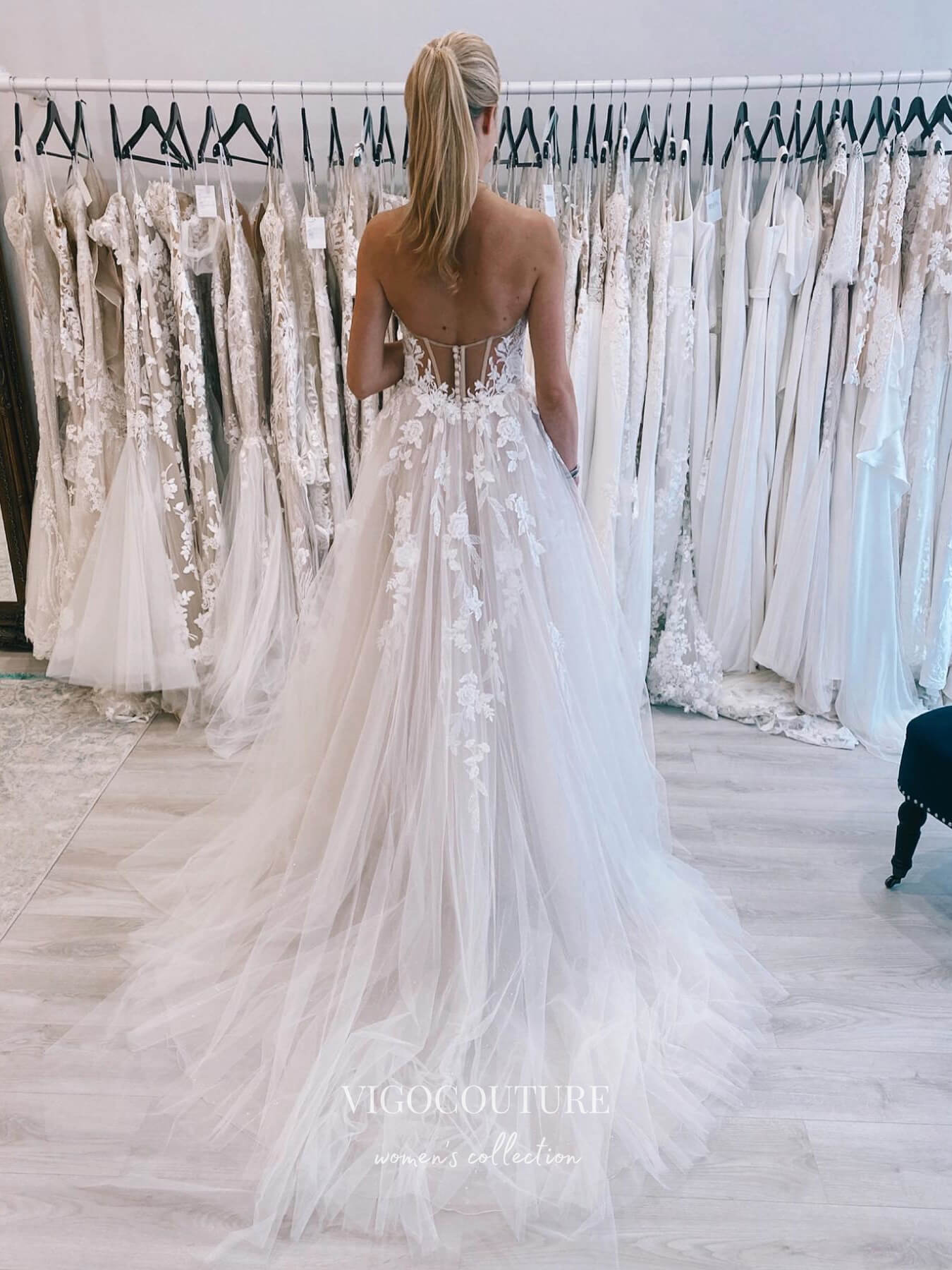 vigocouture-Strapless Lace Applique Wedding Dresses A-Line Bridal Dresses W0072-Wedding Dresses-vigocouture-