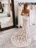 vigocouture-Strapless Lace Applique Wedding Dresses Mermaid Bridal Dresses W0063-Wedding Dresses-vigocouture-