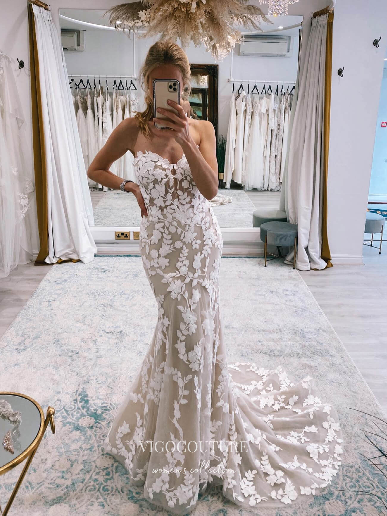 vigocouture-Strapless Lace Applique Wedding Dresses Mermaid Bridal Dresses W0063-Wedding Dresses-vigocouture-As Pictured-US2-