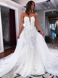 Strapless Lace Applique Wedding Dresses Removable Train Bridal Dresses W0087
