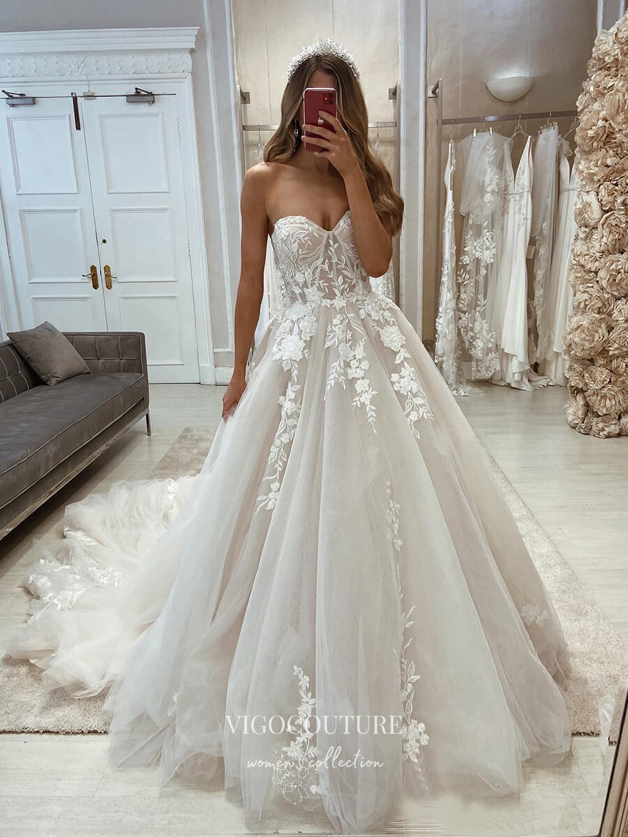vigocouture-Strapless Lace Applique Wedding Dresses With Cathedral Train W0023-Wedding Dresses-vigocouture-