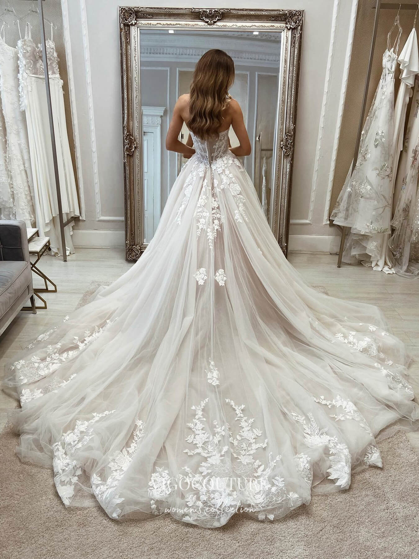 vigocouture-Strapless Lace Applique Wedding Dresses With Cathedral Train W0023-Wedding Dresses-vigocouture-As Pictured-US2-