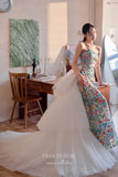 Strapless Mermaid Floral Lace Prom Dress wth Ruffled Skirt 22359-Prom Dresses-vigocouture-Blue-Custom Size-vigocouture