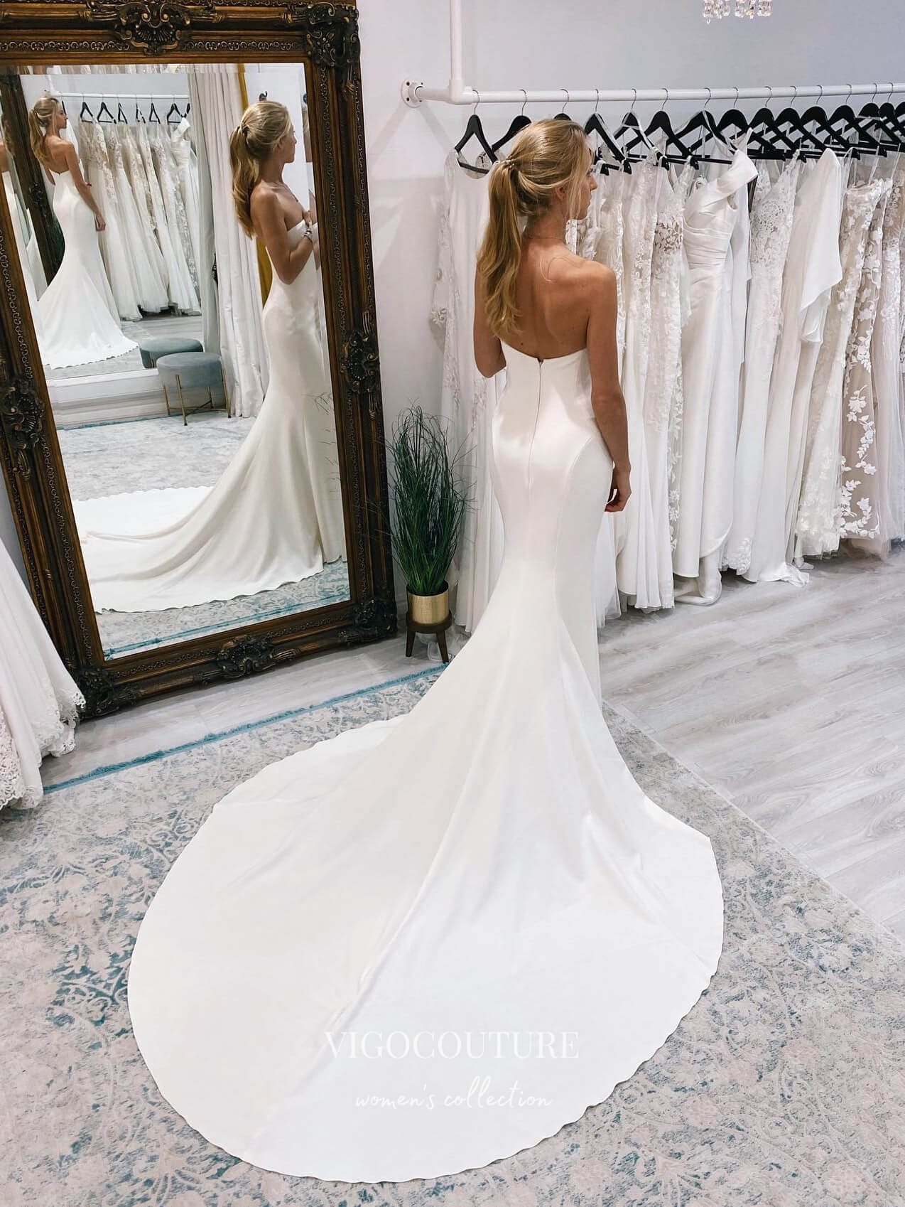 Strapless Satin Wedding Dresses A-Line Bridal Dresses W0067 – vigocouture