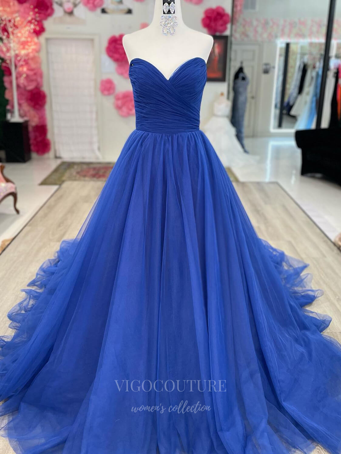 vigocouture-Strapless Pleated Tulle Strapless Prom Dress 20973-Prom Dresses-vigocouture-Blue-US2-
