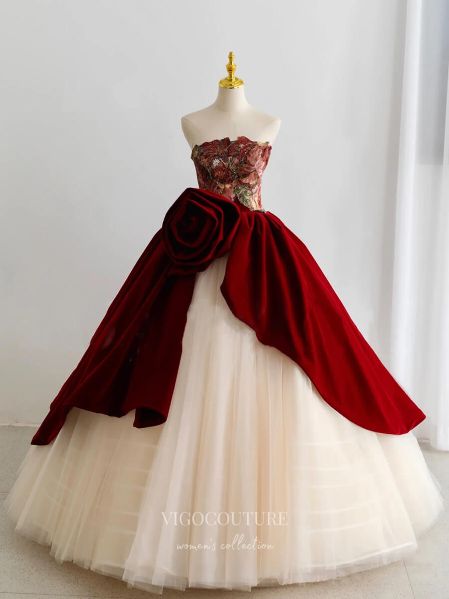 vigocouture-Strapless Quinceanera Dresses Rosette Formal Gown 21019-Prom Dresses-vigocouture-Burgundy-Custom Size-