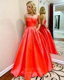 vigocouture-Strapless Satin A-Line Prom Dress 20822-Prom Dresses-vigocouture-Orange-US2-