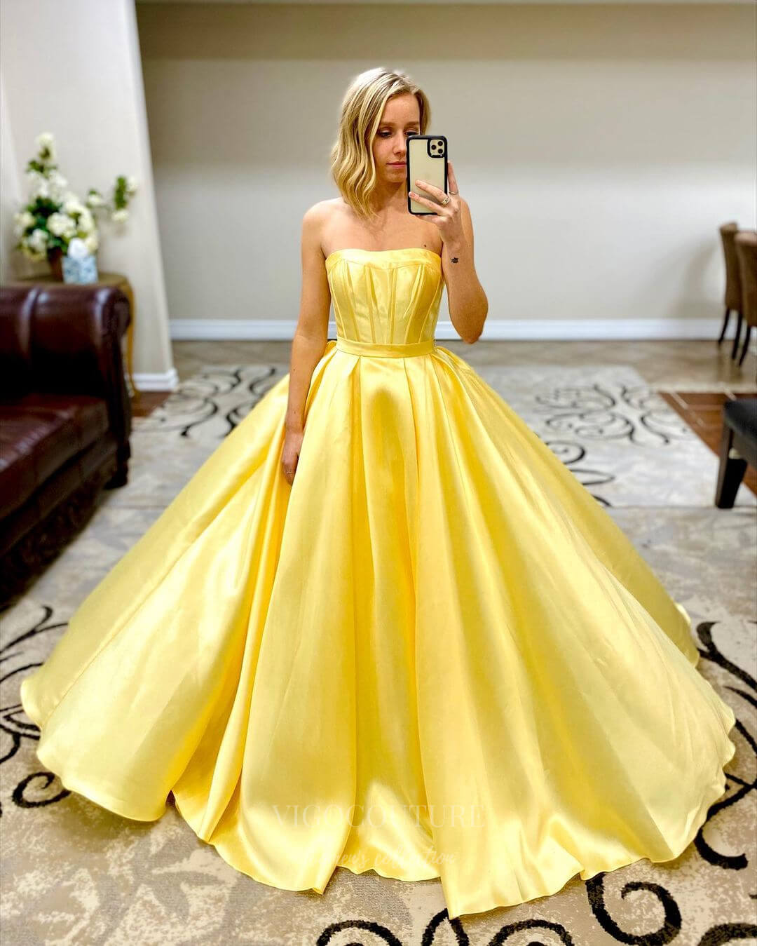 vigocouture-Strapless Satin A-Line Prom Dress 20822-Prom Dresses-vigocouture-Yellow-US2-