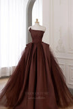 vigocouture-Strapless Satin And Tulle Prom Dress 20650-Prom Dresses-vigocouture-Brown-US2-