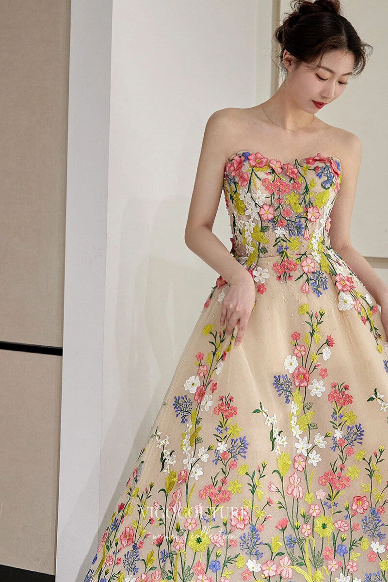 Strapless Tea-Length Floral Lace Prom Dress 22360-Prom Dresses-vigocouture-Champagne-Custom Size-vigocouture