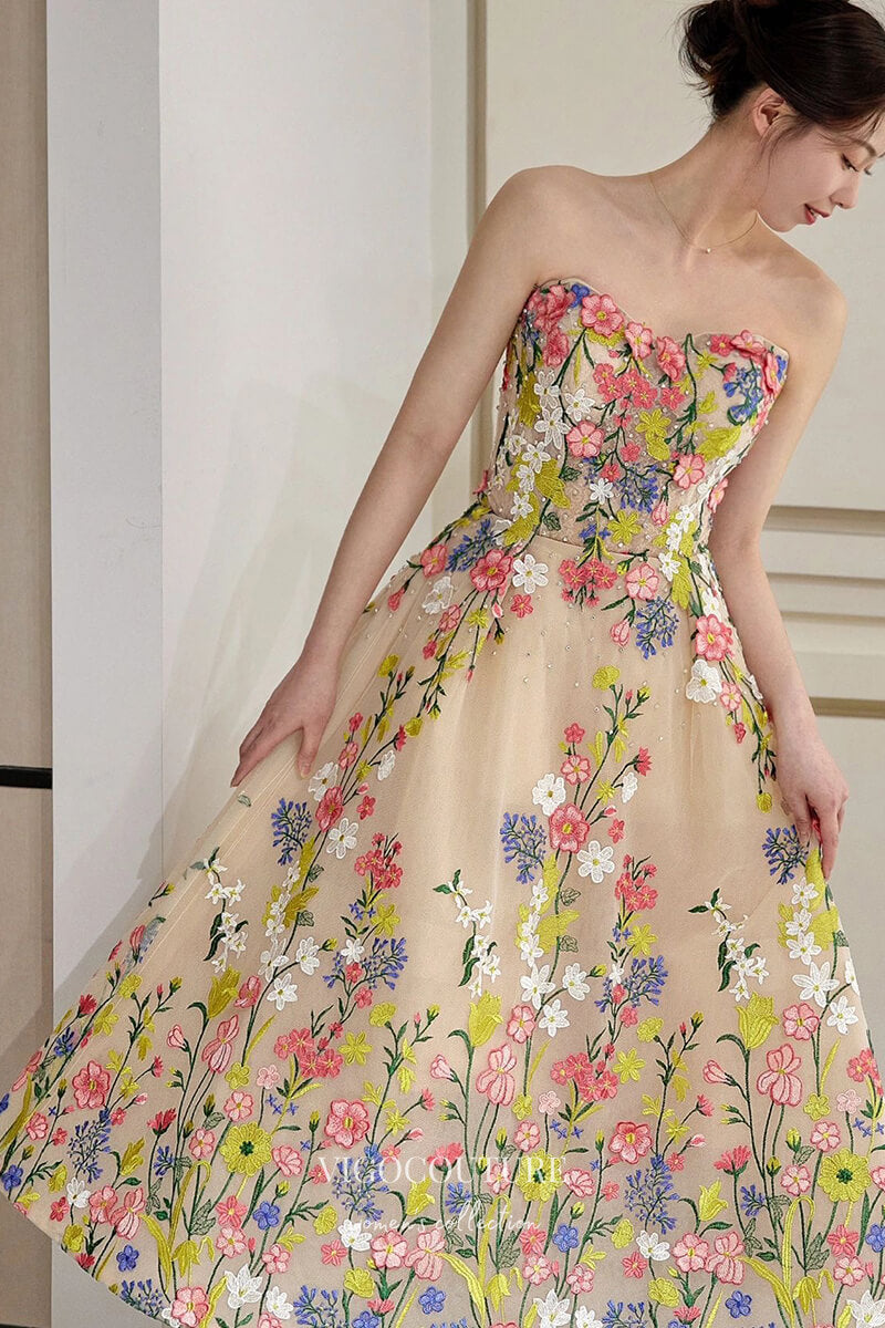 Strapless Tea-Length Floral Lace Prom Dress 22360-Prom Dresses-vigocouture-Champagne-Custom Size-vigocouture