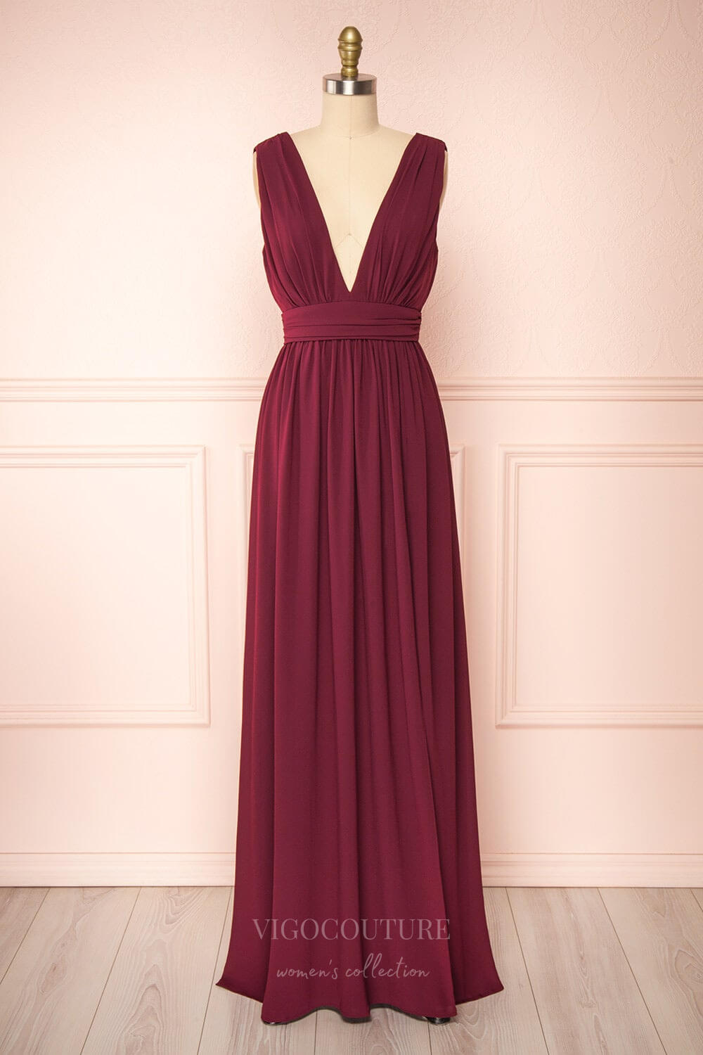 vigocouture-Stretchable Woven Bridesmaid Dress Plunging V-Neck Pleated Prom Dress 20861-Prom Dresses-vigocouture-Burgundy-US2-
