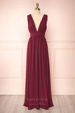 vigocouture-Stretchable Woven Bridesmaid Dress Plunging V-Neck Pleated Prom Dress 20861-Prom Dresses-vigocouture-Burgundy-US2-