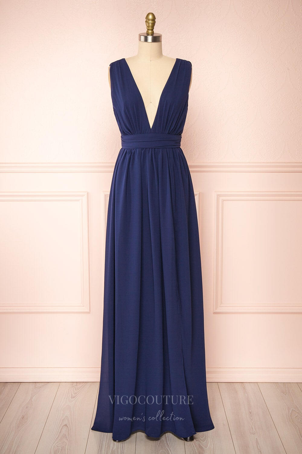 vigocouture-Stretchable Woven Bridesmaid Dress Plunging V-Neck Pleated Prom Dress 20861-Prom Dresses-vigocouture-Navy Blue-US2-