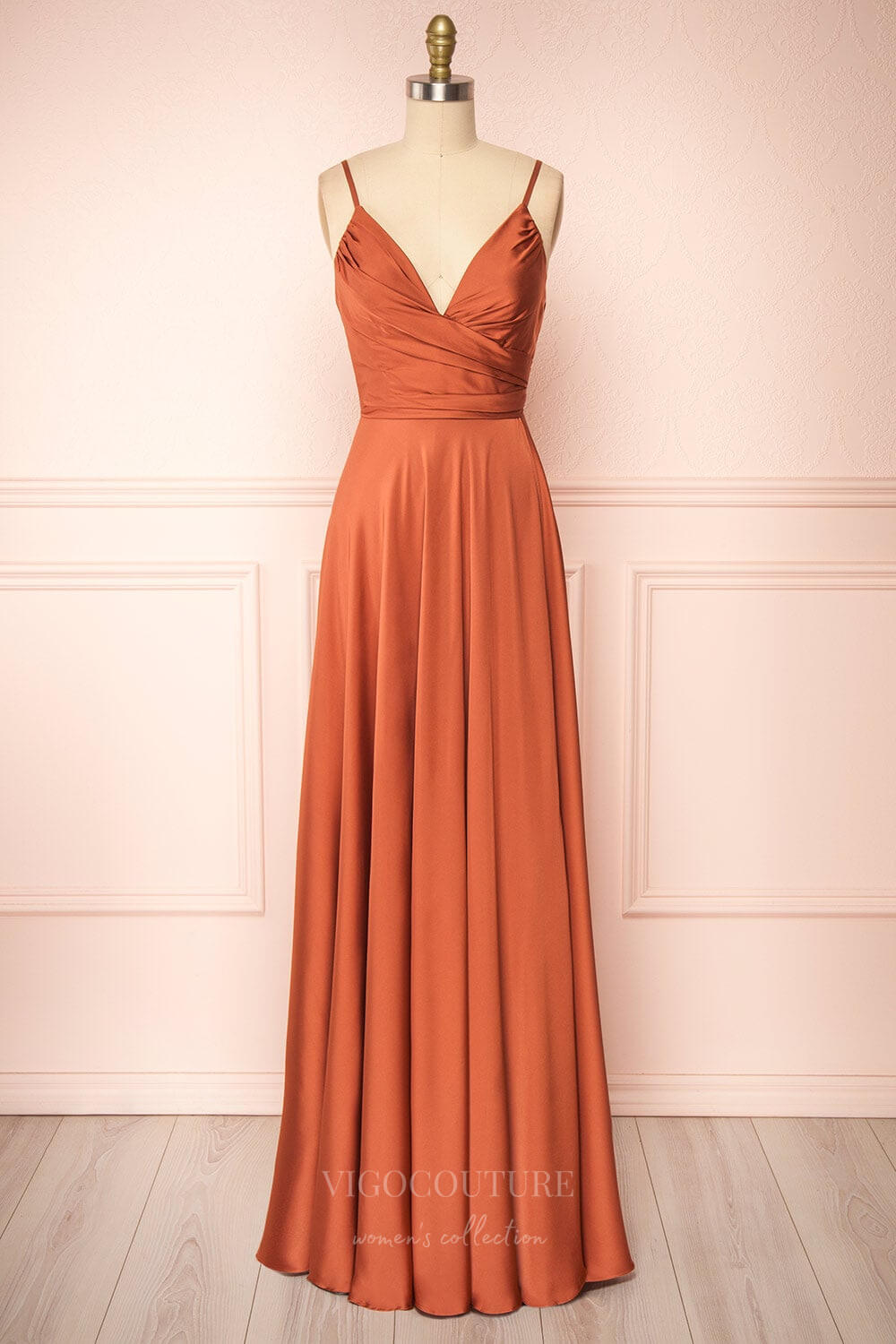 vigocouture-Stretchable Woven Spaghetti Strap Pleated Prom Dress 20858-Prom Dresses-vigocouture-Burnt Orange-US2-