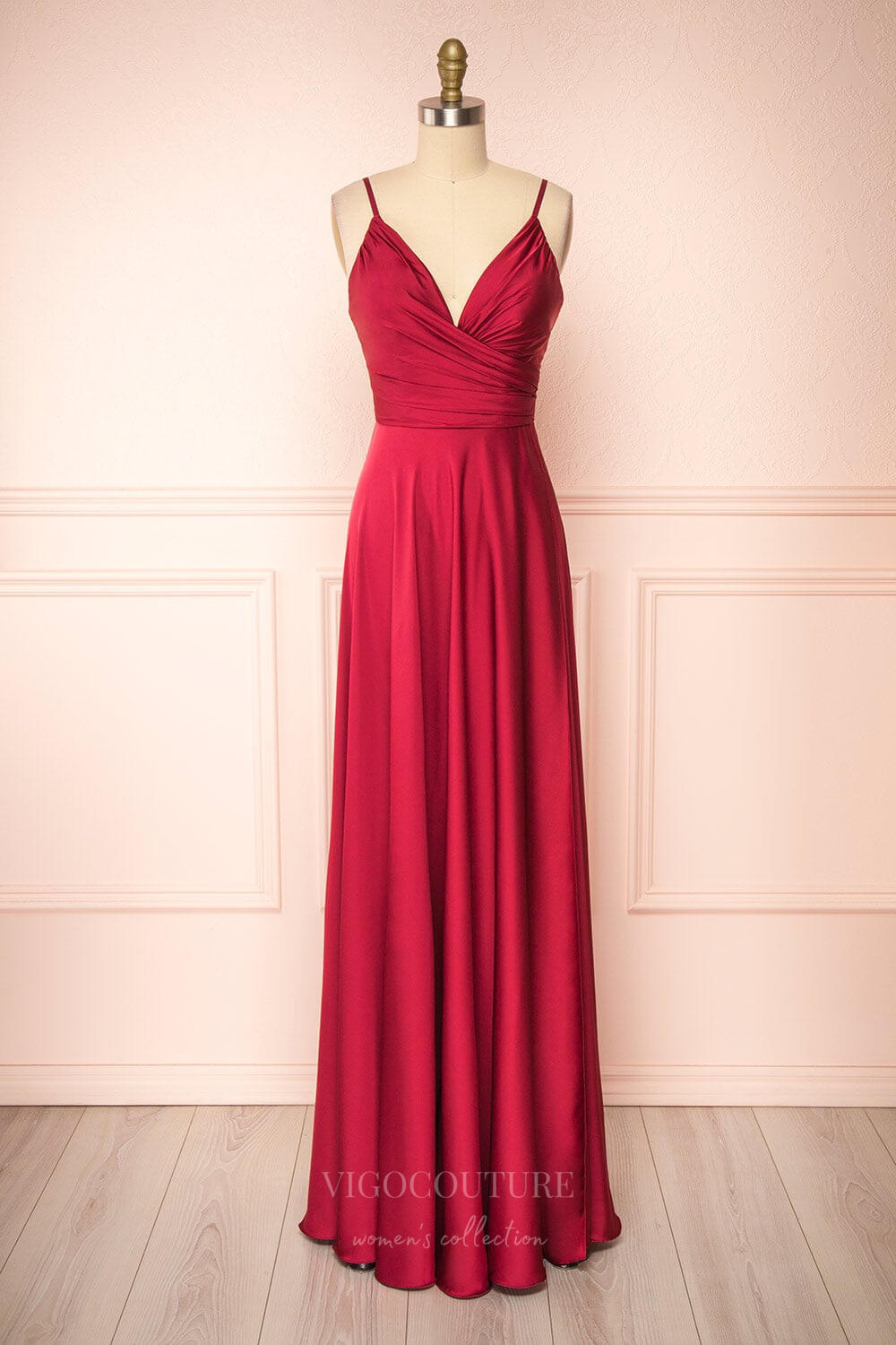 vigocouture-Stretchable Woven Spaghetti Strap Pleated Prom Dress 20858-Prom Dresses-vigocouture-Red-US2-