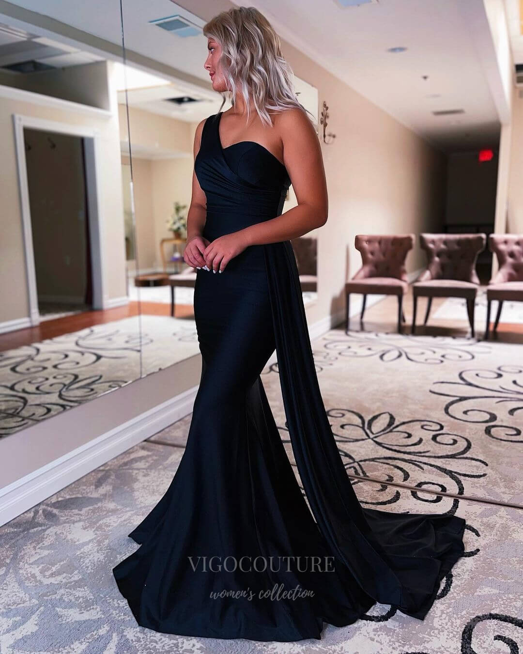 vigocouture-Stretchy Satin Mermaid One Shoulder Prom Dress 20834-Prom Dresses-vigocouture-Navy Blue-US2-