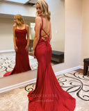 vigocouture-Stretchy Satin Mermaid Spaghetti Strap Prom Dress 20839-Prom Dresses-vigocouture-Burgundy-US2-