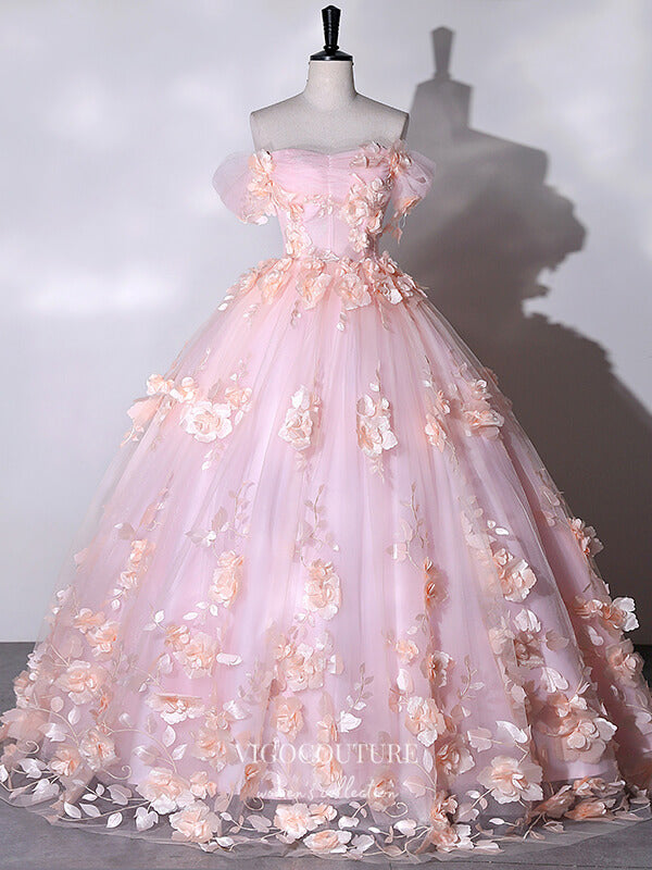 Blush Pink Strapless Ball Gown Formal Prom Dress with Colored Flowers
