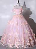 Stunning 3D Flower Off the Shoulder Prom Ball Gown 22307-Prom Dresses-vigocouture-Pink-Custom Size-vigocouture