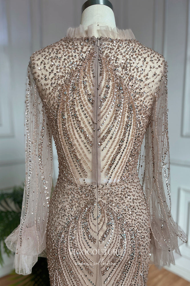 Stunning Beaded Mermaid Prom Dress with Long Sleeve and High Neck