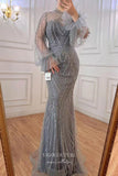 Stunning Beaded Mermaid Prom Dress with Long Sleeve and High Neck 20255-Prom Dresses-vigocouture-Grey-US2-vigocouture