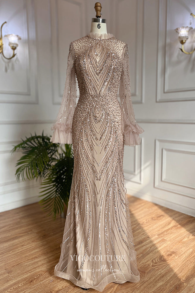 Stunning Beaded Mermaid Prom Dress with Long Sleeve and High Neck 20255-Prom Dresses-vigocouture-Champagne-US2-vigocouture
