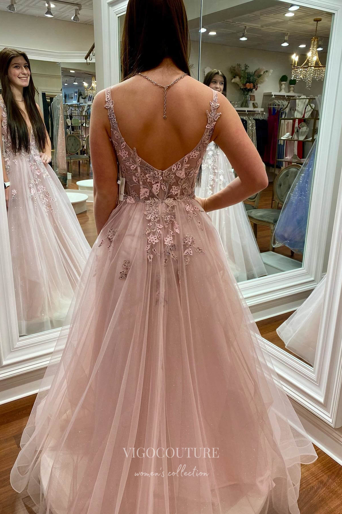 Stunning Blush Lace Applique Plunging V-Neck Prom Dress with Spaghetti Strap 22189-Prom Dresses-vigocouture-Blush-Custom Size-vigocouture