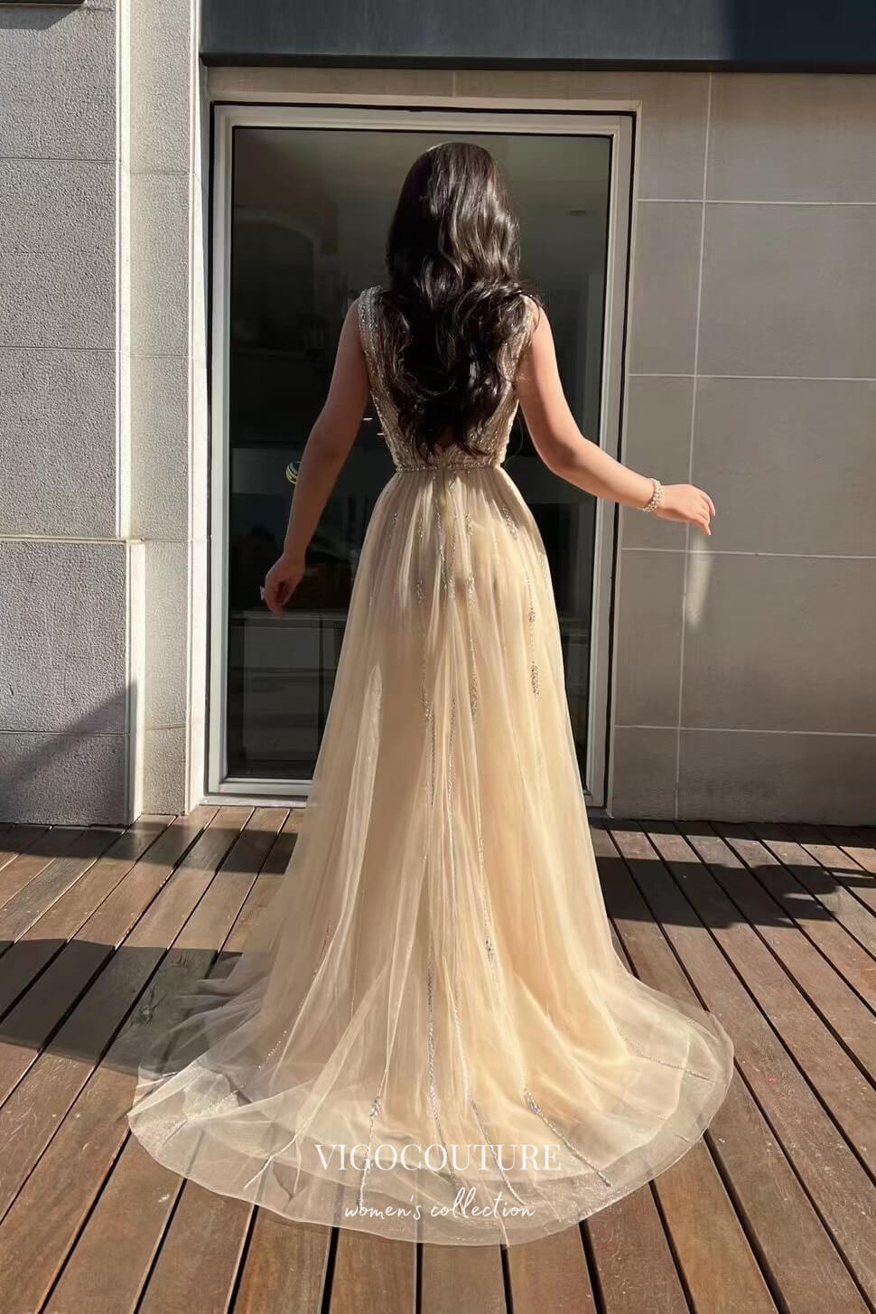 Stunning Champagne Beaded Prom Dress with Overskirt and Slit 22240-Prom Dresses-vigocouture-Champagne-US2-vigocouture