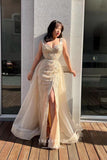 Stunning Champagne Beaded Prom Dress with Overskirt and Slit 22240-Prom Dresses-vigocouture-Champagne-US2-vigocouture