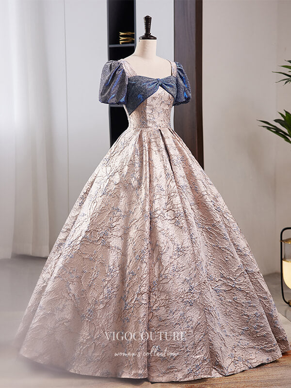 Stunning Jacquard Satin Prom Dress with Puffed Sleeve 22304-Prom Dresses-vigocouture-As Pictured-Custom Size-vigocouture