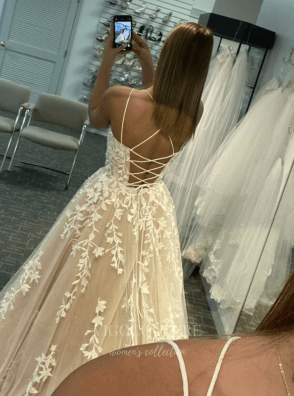vigocouture-Lace Applique Prom Dress 2022 Spaghetti Strap Evening Gown 20375-Prom Dresses-vigocouture-