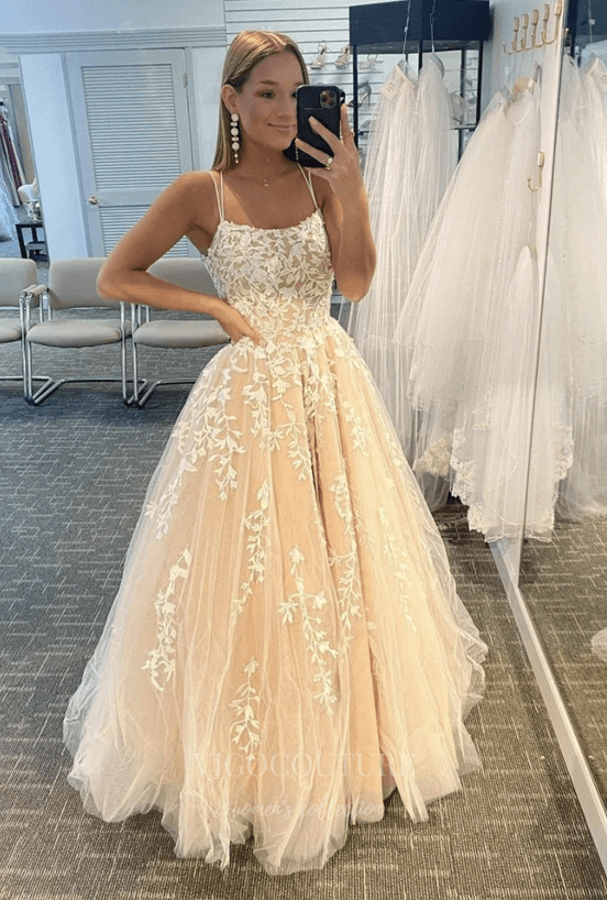 vigocouture-Lace Applique Prom Dress 2022 Spaghetti Strap Evening Gown 20375-Prom Dresses-vigocouture-Khaki-US2-