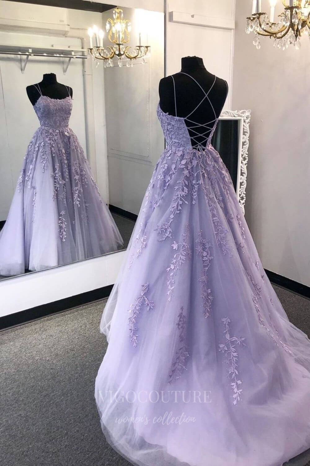 vigocouture-Lace Applique Prom Dress 2022 Spaghetti Strap Evening Gown 20375-Prom Dresses-vigocouture-Lavender-US2-