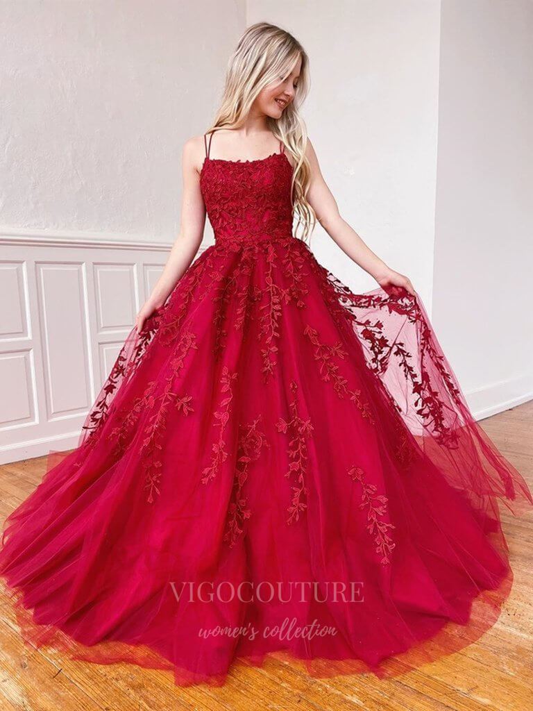 vigocouture-Lace Applique Prom Dress 2022 Spaghetti Strap Evening Gown 20375-Prom Dresses-vigocouture-Red-US2-