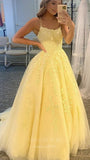 vigocouture-Lace Applique Prom Dress 2022 Spaghetti Strap Evening Gown 20375-Prom Dresses-vigocouture-Yellow-US2-