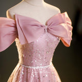 Stunning Pink Beaded Squin Prom Dress with Bow-Tie 22338-Prom Dresses-vigocouture-Pink-Custom Size-vigocouture