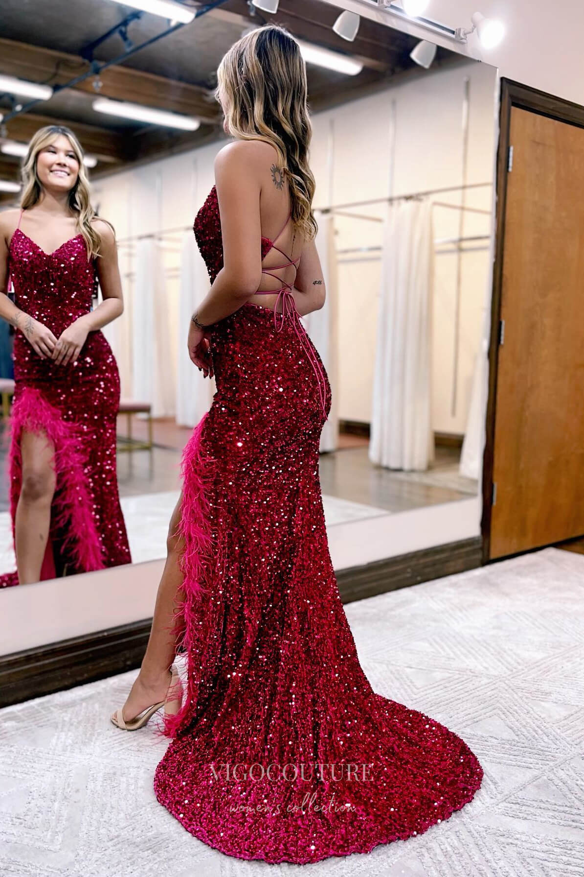 Stunning Sequin Mermaid Prom Dress with Slit, Feathers, and Spaghetti Straps 22185-Prom Dresses-vigocouture-Black-Custom Size-vigocouture