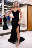Stunning Sequin Mermaid Prom Dress with Slit, Feathers, and Spaghetti Straps 22185-Prom Dresses-vigocouture-Black-Custom Size-vigocouture