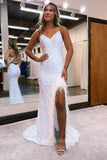 Stunning Sequin Mermaid Prom Dress with Slit, Feathers, and Spaghetti Straps 22185-Prom Dresses-vigocouture-White-Custom Size-vigocouture