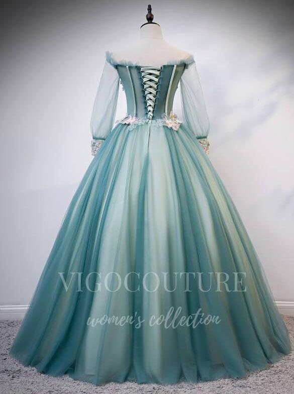 vigocouture-Teal Blue Long Sleeve Quinceañera Dresses Lace Applique Ball Gown 20423-Prom Dresses-vigocouture-