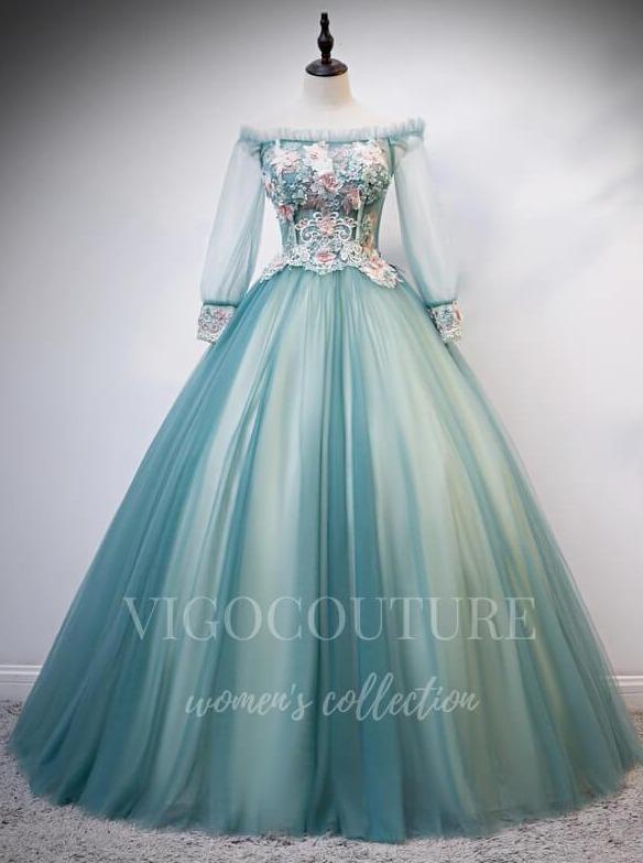 vigocouture-Teal Blue Long Sleeve Quinceañera Dresses Lace Applique Ball Gown 20423-Prom Dresses-vigocouture-Teal Blue-Custom Size-