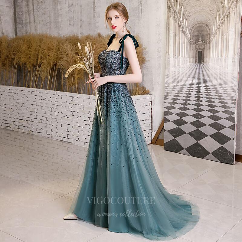 vigocouture-Teal Blue Spaghetti Strap Prom Dress 20266-Prom Dresses-vigocouture-