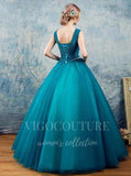 vigocouture-Teal Blue V-Neck Quinceañera Dresses Lace Applique Ball Gown 20454-Prom Dresses-vigocouture-